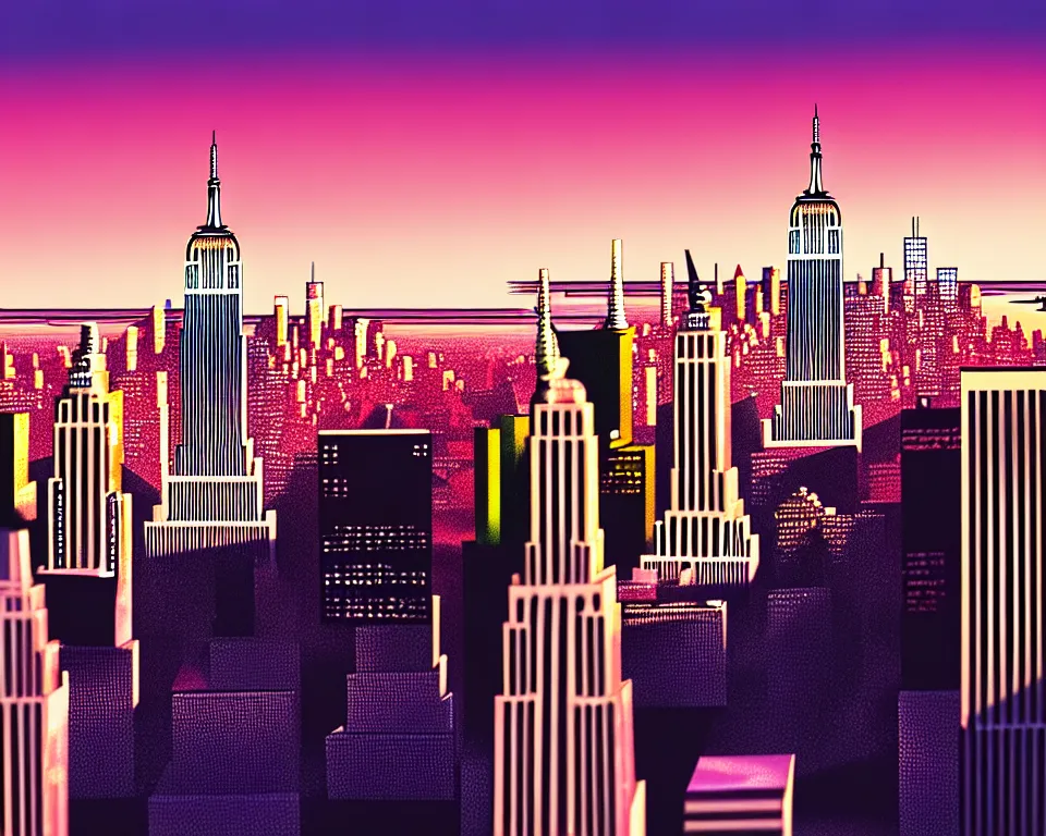 Image similar to new york in the future, empire state building, statue of liberty, city streets, golden hour, perspective artwork, photorealism
