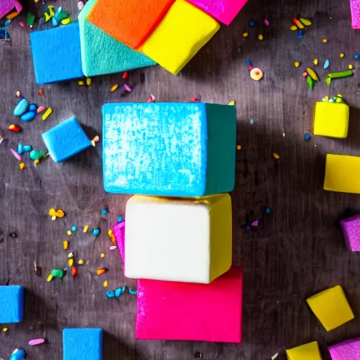 Image similar to photograph of a rainbow marshmallow cube with sprinkles on a dark wooden chopping board, hessian cloth, styled food photography, photorealistic, 4 k