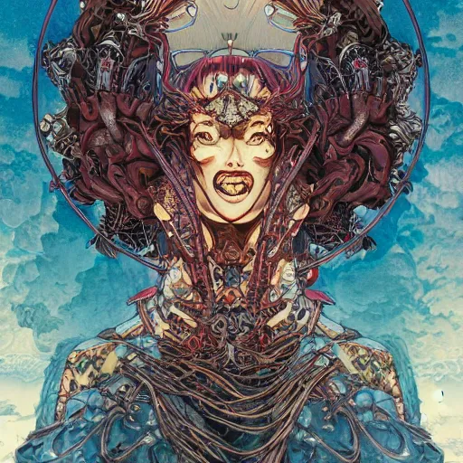 Image similar to portrait of crazy queen, symmetrical, by yoichi hatakenaka, masamune shirow, josan gonzales and dan mumford, ayami kojima, takato yamamoto, barclay shaw, karol bak, yukito kishiro