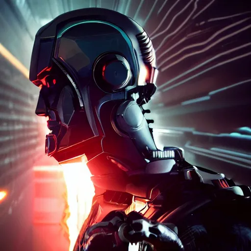 Image similar to movie still of a villain cyborg, facial expression, cinematic composition, cinematic light, surreal cinema, 4 k render, by edgar wright and david lynch,