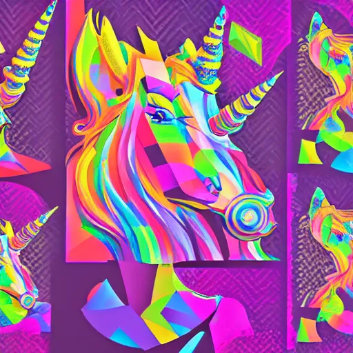 Prompt: a collage of different images with a unicorn, vector art by enguerrand quarton, featured on behance, crystal cubism, datamosh, vaporwave, angular