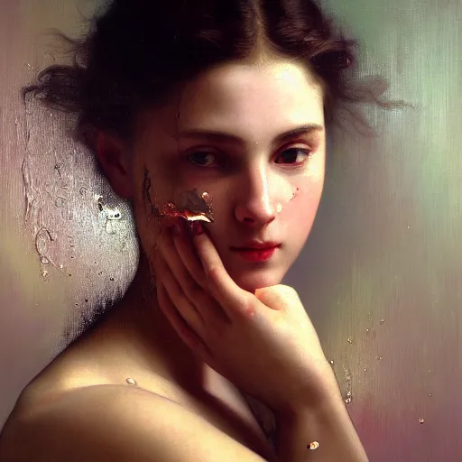 Image similar to hyperrealistic oil painting of woman, oil paint drips, dim volumetric lighting, 8 k octane beautifully detailed render, post - processing, portrait, extremely hyper - detailed, intricate, epic composition, cinematic lighting, masterpiece, by william - adolphe bouguereau and alphonse mucha, trending on artstation, very very detailed, masterpiece, stunning,