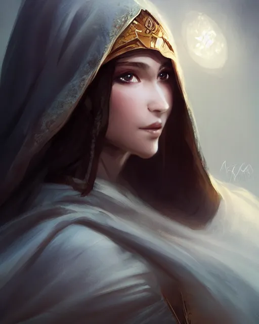 Prompt: a beautiful female cleric wearing a cloak, ethereal, dreamy, backlit, realistic face, realistic lighting, sharp focus, windswept, rule of thirds, by artgerm, wlop, rossdraws, frank frazetta, andrei riabovitchev, trending on artstation, hd, 4 k, fantasy