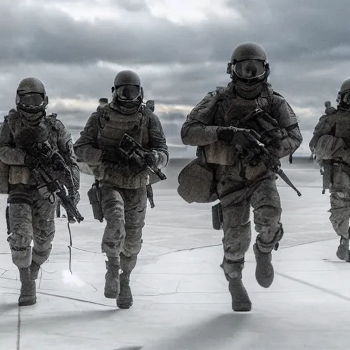 Image similar to Special Forces in grey uniform with black body armor evacuating an LZ in 2022, photo by Adam Ferguson, Pulitzer Winning, cinematic composition, breathtaking, modern, 2022