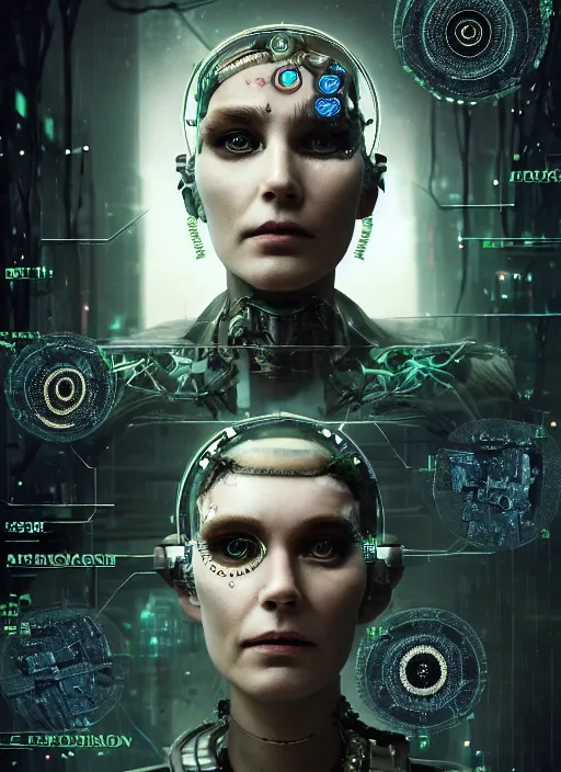 Image similar to 35mm portrait of an intricate and sophisticated borg with face implant above her eye, on the background of a weird magical mechanical forest. Round gears visible inside her hear. Very detailed 8k. Fantasy cyberpunk horror. Sharp. Cinematic post-processing