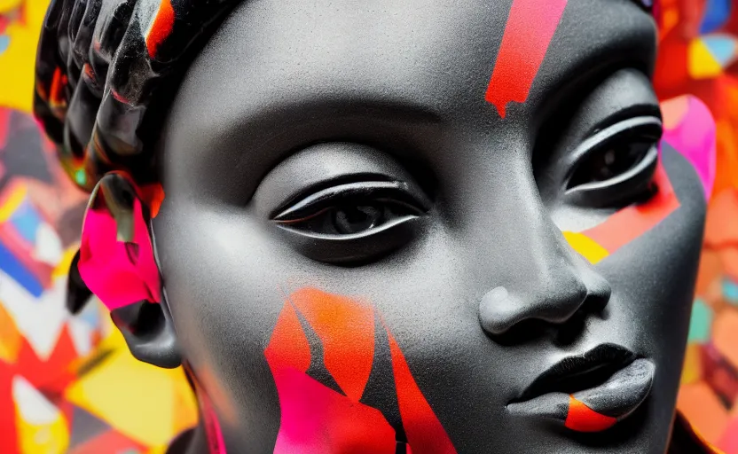 Image similar to close up portrait of extremely beautiful female black marble statue in the style of virgil abloh, colorful motocross logos behind her, sharp focus, clear, detailed,, cinematic, detailed, off white, glamourous, symmetrical, vogue, editorial, fashion, magazine shoot, glossy