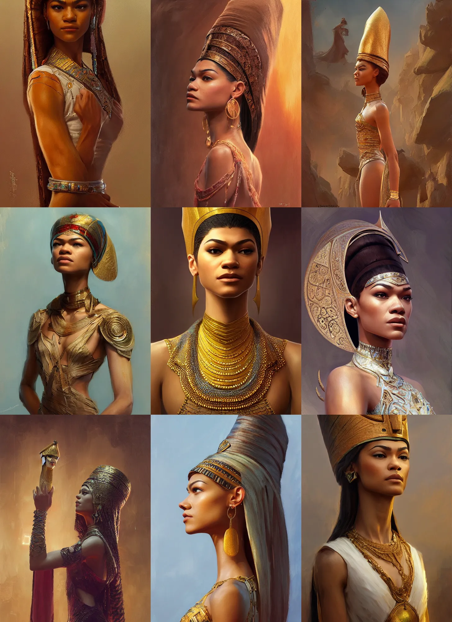 Prompt: zendaya as nefertiti, intricate, elegant, highly detailed, artstation, concept art, sharp focus, ruan jia, mandy jurgens, orientalism, frazetta