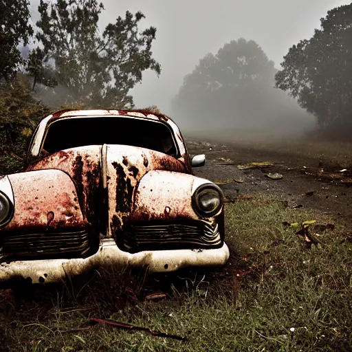 Image similar to apocalyptic, ruined town, abandoned streets, littered, mutated wildlife, decrepit homes and sheds on the side of the road, slowly being reclaimed by nature. rusted vintage cars. fog, dew, rain, volumetric lighting, beautiful, summer morning dew, sharp focus, ultra detailed, kodachrome, cgsociety - w 1 0 2 4 - n 8 - i