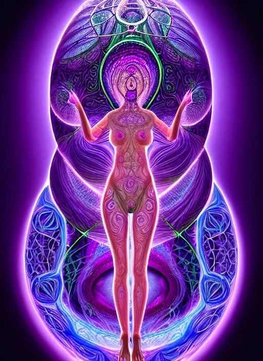 Prompt: absurdly beautiful female figure with beautiful human face, cervix awakening, portal, fractals swirling outward, glowing internal light, hyperdetailed, by alex grey, intricate linework, faberge, intricate linework, purple, deep blue, hot pink, dark atmosphere, unreal engine 5 highly rendered, global illumination, radiant light, detailed and intricate environment
