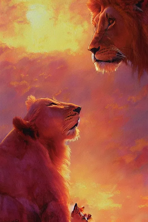 Image similar to spiritual twin flame lioness and lion art pink sunset hue highly detailed oil painting hue by craig mullins