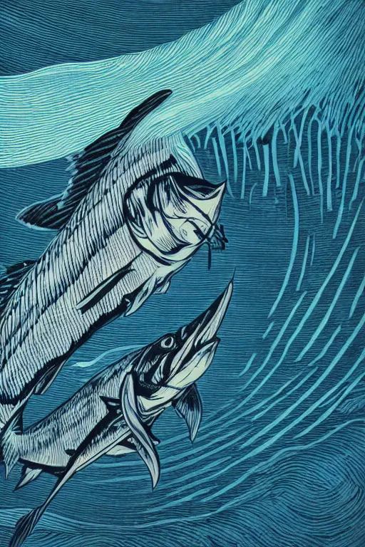 Image similar to a beautiful woodcut print of a marlin, 8 k, frostbite 3 engine, cryengine, dof, trending on artstation, digital art, crepuscular ray, art by roy l davies and tugboat printshop