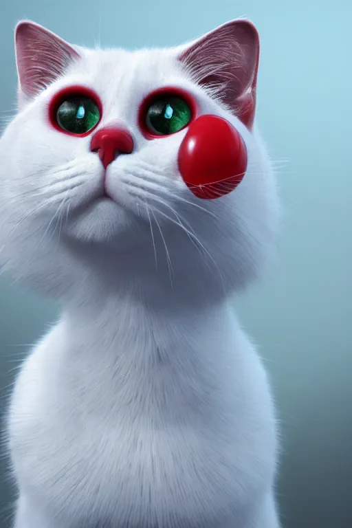 Image similar to a white cat with blue eyes wearing a red and green formal overcoat, hyperrealistic, concept art, octane render, unreal engine 5, realistic and defined face, profile picture, digital art, pixar and disney style, symmetrical, high quality, highly detailed, high coherence, path traced, house background, low contrast, beautiful