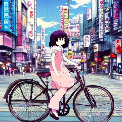 Prompt: anime girl riding bicycle in highly detailed akihabara, studio ghibli style, by hayao miyazaki, sharp focus, highly detailed, 4k