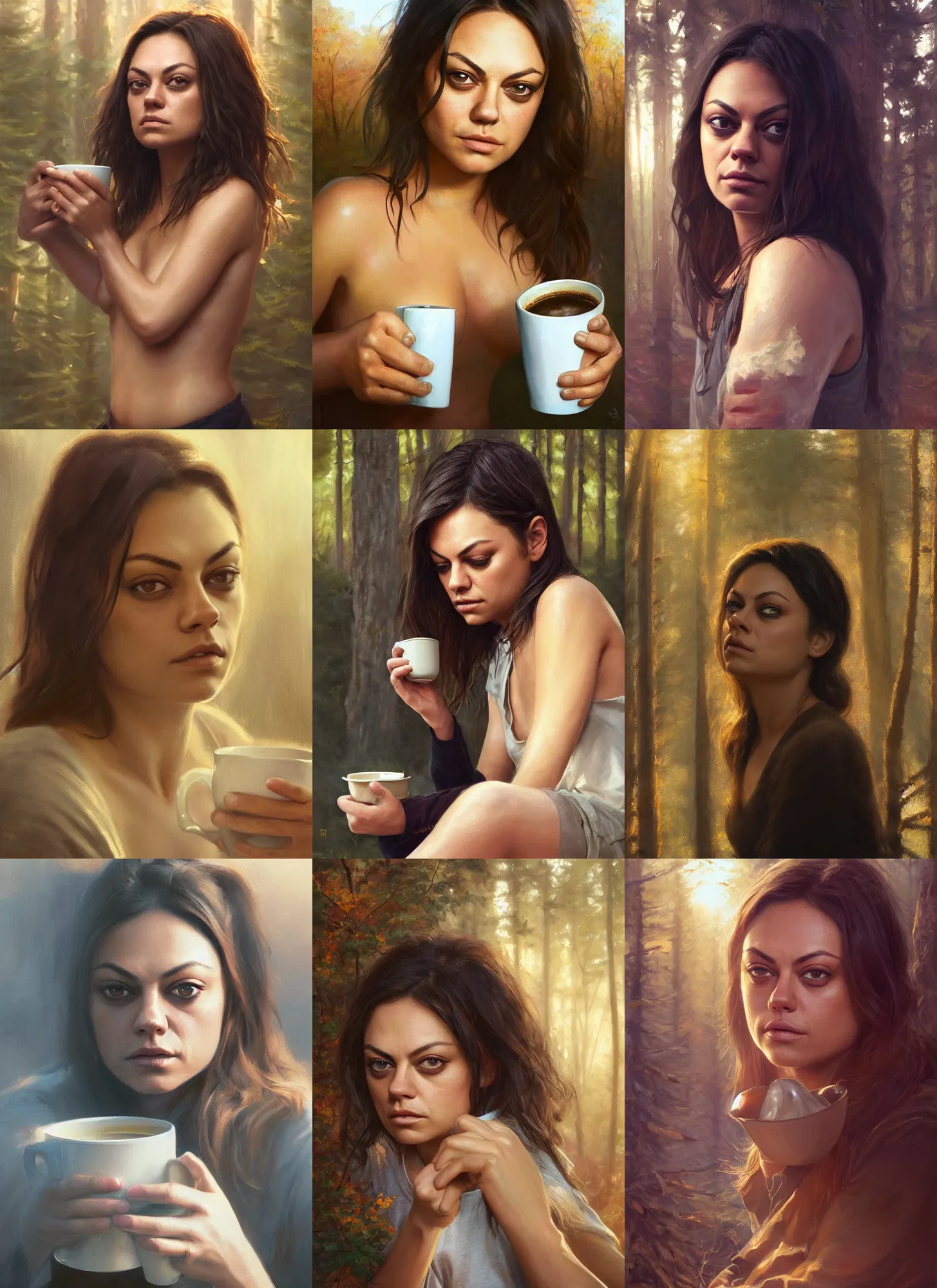 Image similar to close portrait of sleepy mila kunis waking up with coffee, dramatic light, morning golden hour, forest cabin background, 2 0 0 mm focal length, painted by stanley lau, painted by greg rutkowski, painted by stanley artgerm, digital art, trending on artstation