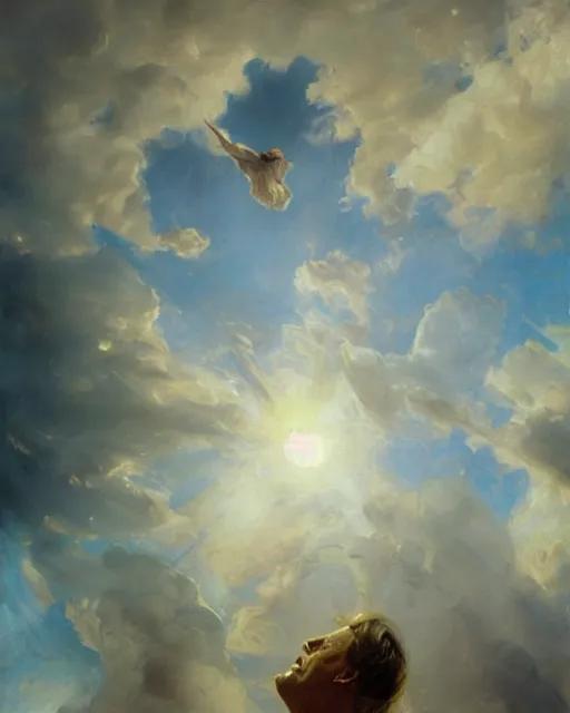 Image similar to beautiful detailed expressive impressionistic oil painting portrait of ancient roman god emperor steve buscemi ascending into the clouds wearing the civic crown, renaissance painting, art by anders zorn, wonderful masterpiece by greg rutkowski, expressive brush strokes, beautiful cinematic light, american romanticism by greg manchess, jessica rossier