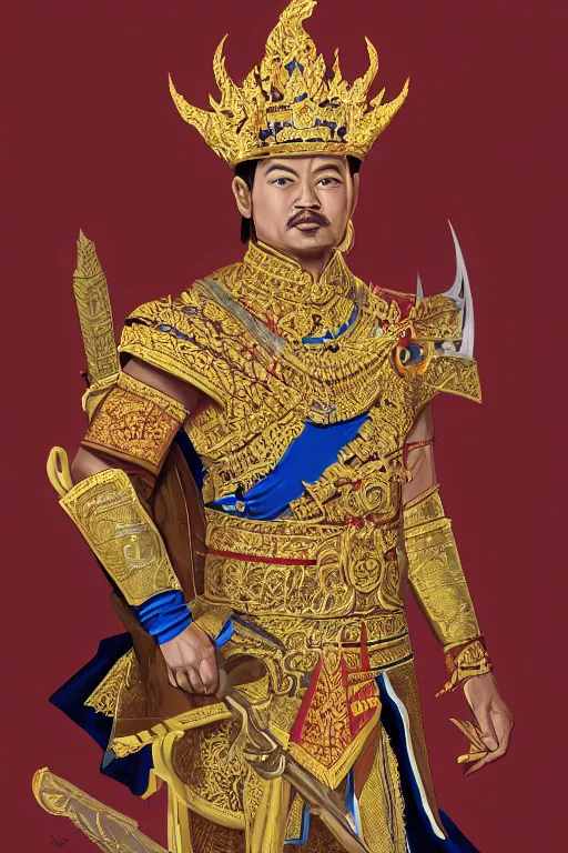 Image similar to full body portrait of king ramkamhaeng the great, thai warload, d & d, elegant, highly detailed, digital painting, artstation, concept art, smooth, sharp focus, illustration, art by jakkrapan pocayakit