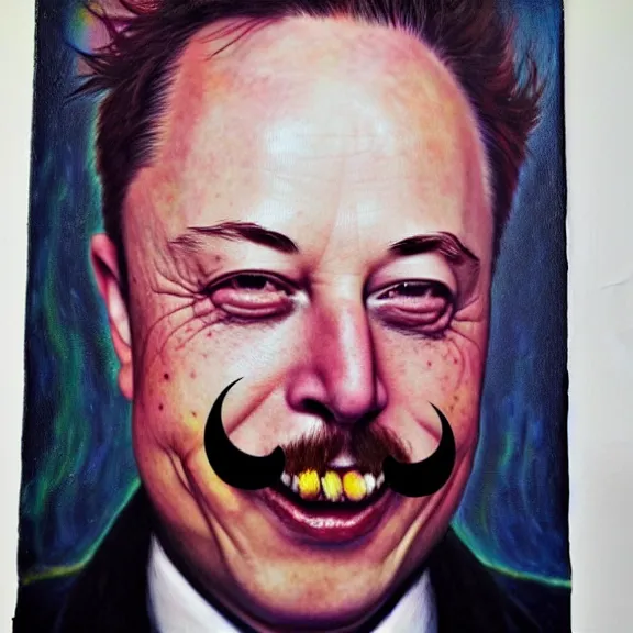 Image similar to elon musk as the grim-hatter with evil mustache grinning, cinematic, dark oil paint, realistic flavor, decaying rich colors!, instagram photo