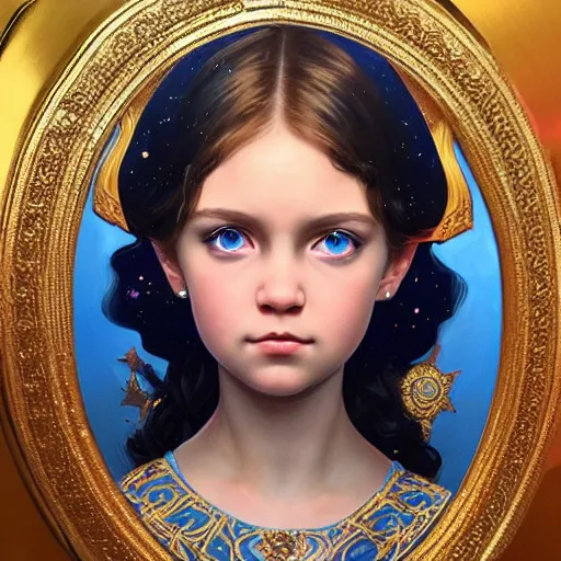 Image similar to a little girl with short wavy curly light brown hair and blue eyes, a space empress in byzantine style. beautiful highly detailed face, painting by ilya kuvshinov and raymond swanland