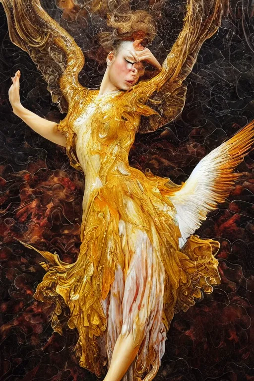 Prompt: breathtaking detailed soft painting of a flight of birds in liquid gold and gauze dress, by guillermo lorca, a liquid white water splash in bleeding meat and flesh, dynamic pose and movement, in an intricate art nouveau stained glass of meat, rembrandt style, elegant, highly detailed, artstation, concept art, matte, sharp focus,