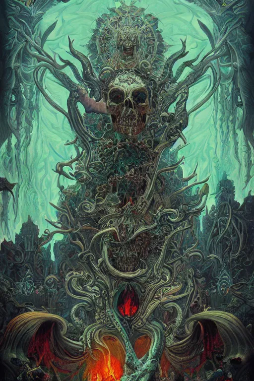 Image similar to gigantic psychedelic demonic skull lord of death and fire, fantasy painting, ultra realistic, wide angle, art nouveau, intricate details, rainbowshift, vivid colors, highly detailed by peter mohrbacher, h. r. giger, maxfield parrish, gustave dore, craig mullins, octane render, cgi