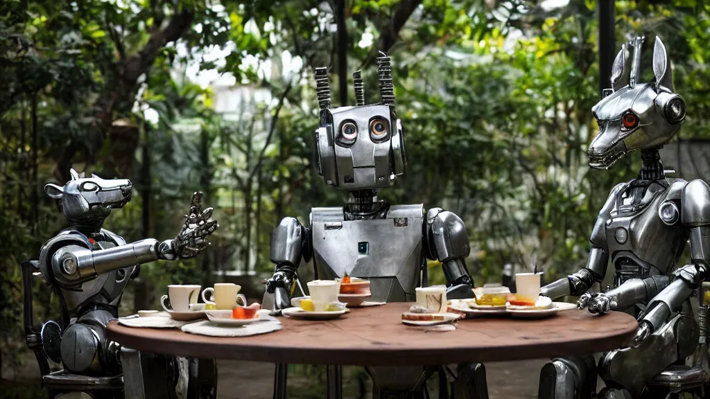 Prompt: film still from the movie chappie of the robot chappie shiny metal outdoor park plants garden scene bokeh depth of field several figures sitting down at a table having a tea party furry anthro anthropomorphic stylized cat ears wolf muzzle head android service droid robot machine fursona