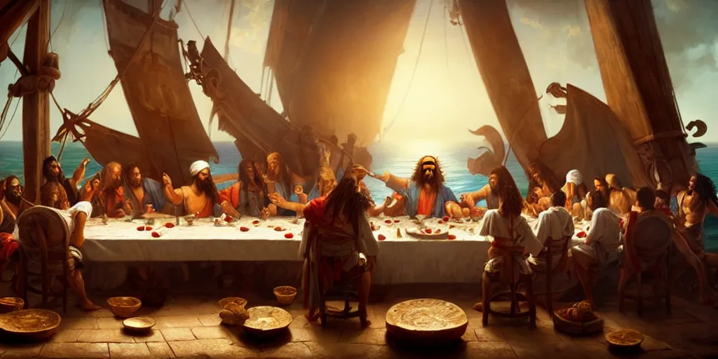 Prompt: pirate of the carribean last supper by greg rutkowski, digital painting, trending on artstation, sharp focus, 4 k