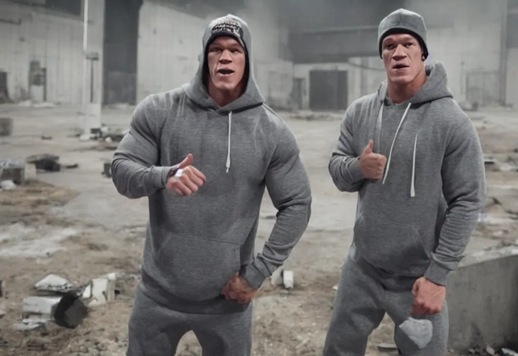 Prompt: john cena with a gray cap and a gray hoodie with the hood on. He's in a rap battle at an abandoned warehouse. Lose yourself by eminem music video.