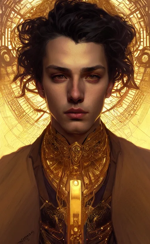 Prompt: portrait of a young handsome dark god, gold wires, steampunk, intricate, headshot, highly detailed, digital painting, artstation, concept art, sharp focus, cinematic lighting, illustration, art by artgerm and greg rutkowski, alphonse mucha, cgsociety