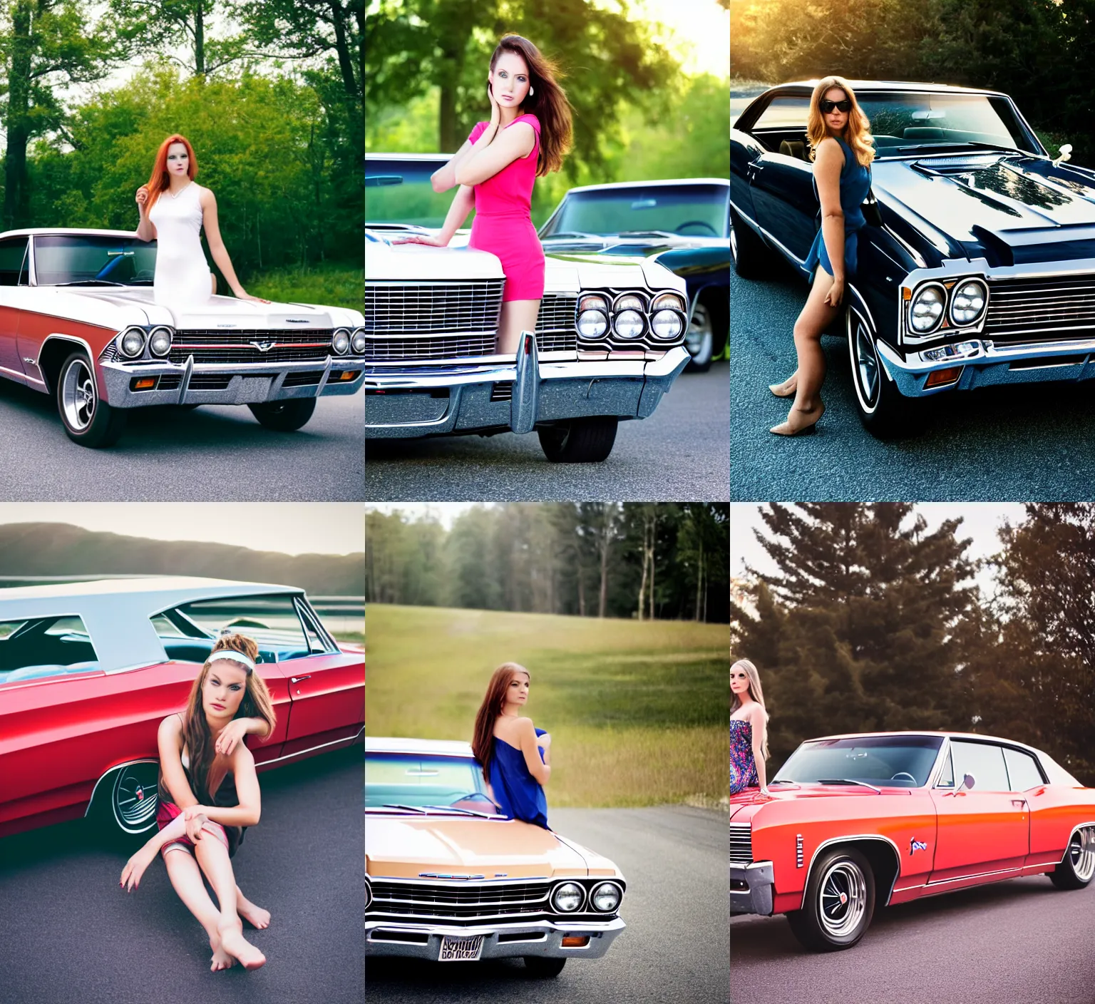 Prompt: Professional photography, focus on woman, a beautiful woman with a 1967 Chevy impala