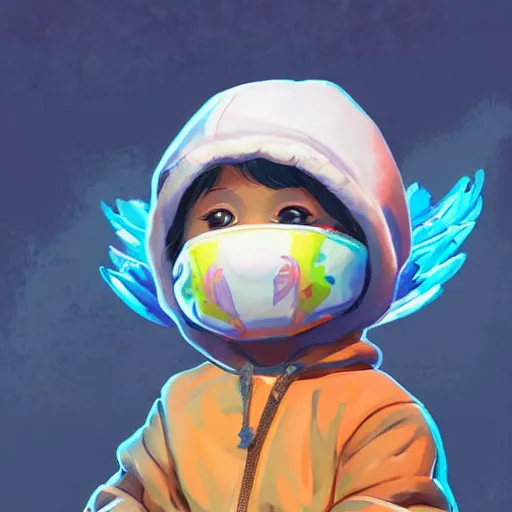 Image similar to baby Angel, baby cherub,wearing angel halo, ski mask, balaclava, face covered, wearing angel halo covered face, orange hoodie, hip hop, multiple golden necklaces, fantasy art apex fortnite Video game icon, 2d game art gta5 cover , official fanart behance hd artstation by Jesper Ejsing, by RHADS, Makoto Shinkai and Lois van baarle, ilya kuvshinov, rossdraws