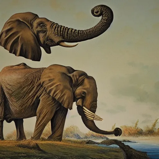 Image similar to A painting of a lonely creature with an elephant body and a crocodile's tail