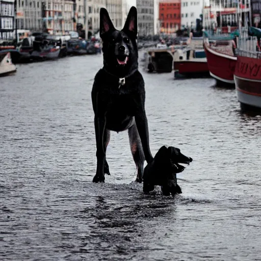 Prompt: photo of a giant dog destroying copenhagen