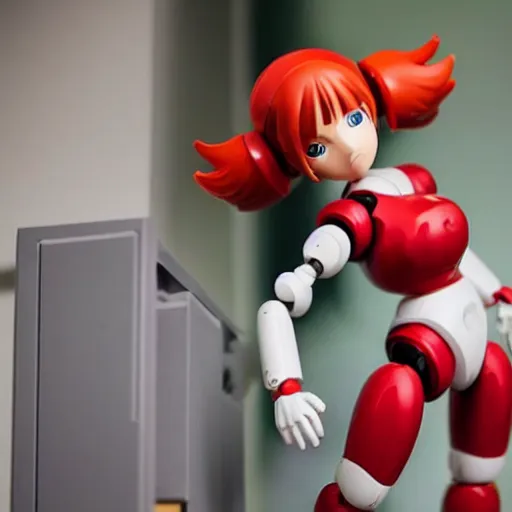 Image similar to photo of figma figures in a diorama of a laboratory : : roll is repairing computers, and she is a cute female ball - jointed robot ( in the style of mega man ) with blonde hair with bangs and a ponytail tied with a green ribbon. she is wearing a red one - piece dress with a white collar, and red boots.