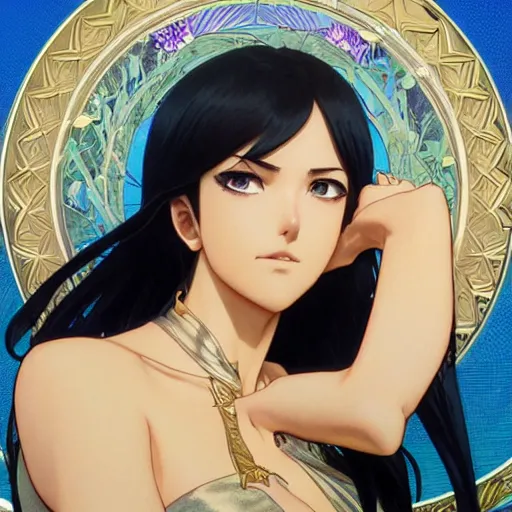 Image similar to highly detailed vfx portrait of nico robin by eiichiro oda, makoto shinkai, alphonse mucha, sharp focus, art by artgerm and greg rutkowski!, backlit, harsh overhead sunlight, blue eyes!!, aquiline nose!!, stanley kybric, kaoru mori, hyper detailed, smooth pixiv, fanbox,