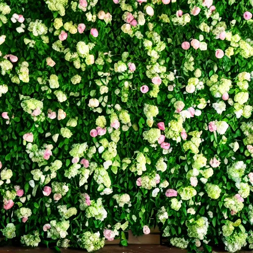 Prompt: a wall of flowers, big and small, studio light, green backlight leaves