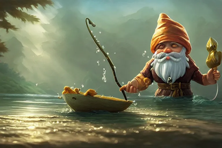 Image similar to legendary elegant gnome fishing in lake, highly detailed, d & d, fantasy, highly detailed, digital painting, trending on artstation, concept art, sharp focus, illustration, global illumination, ray tracing, realistic shaded, art by artgerm and greg rutkowski and fuji choko and viktoria gavrilenko and hoang lap