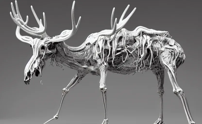 Prompt: stylized shiny polished silver statue full body extra limbs bizarre cosmic horror quadruped animal moose deer skull four legs made of marble of slug creature tendrils, perfect symmetrical body, perfect symmetrical face, hyper realistic, hyper detailed, by johannen voss, by michelangelo, octane render, blender, 8 k, displayed in pure white studio room medical render red veins