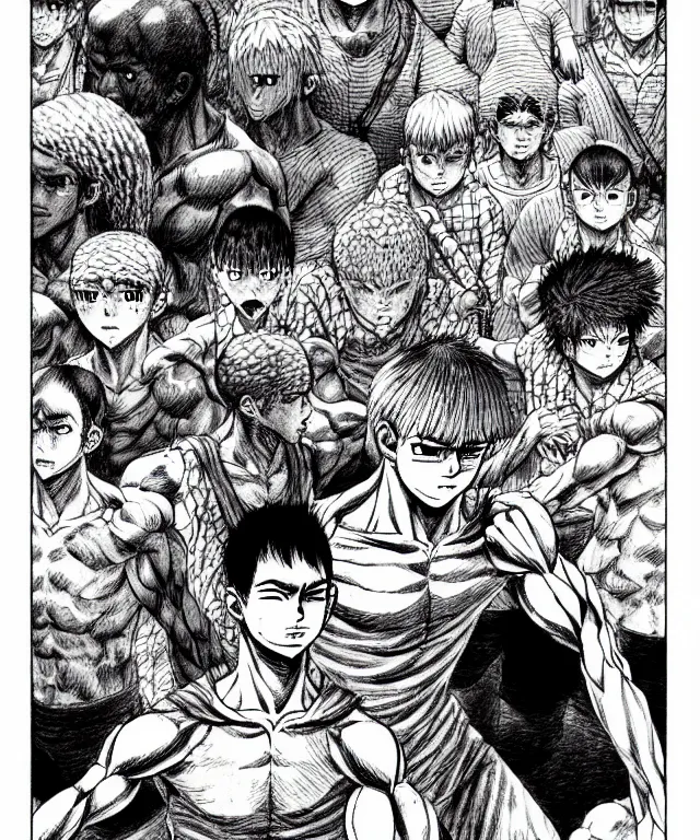 Image similar to A manga about a young shaved-headed scarred athlete. Sharp high quality manga, fine details, straight lines, architecture in the background, masterpiece, highly detailed drawing by Q Hayashida, Kentaro Miura