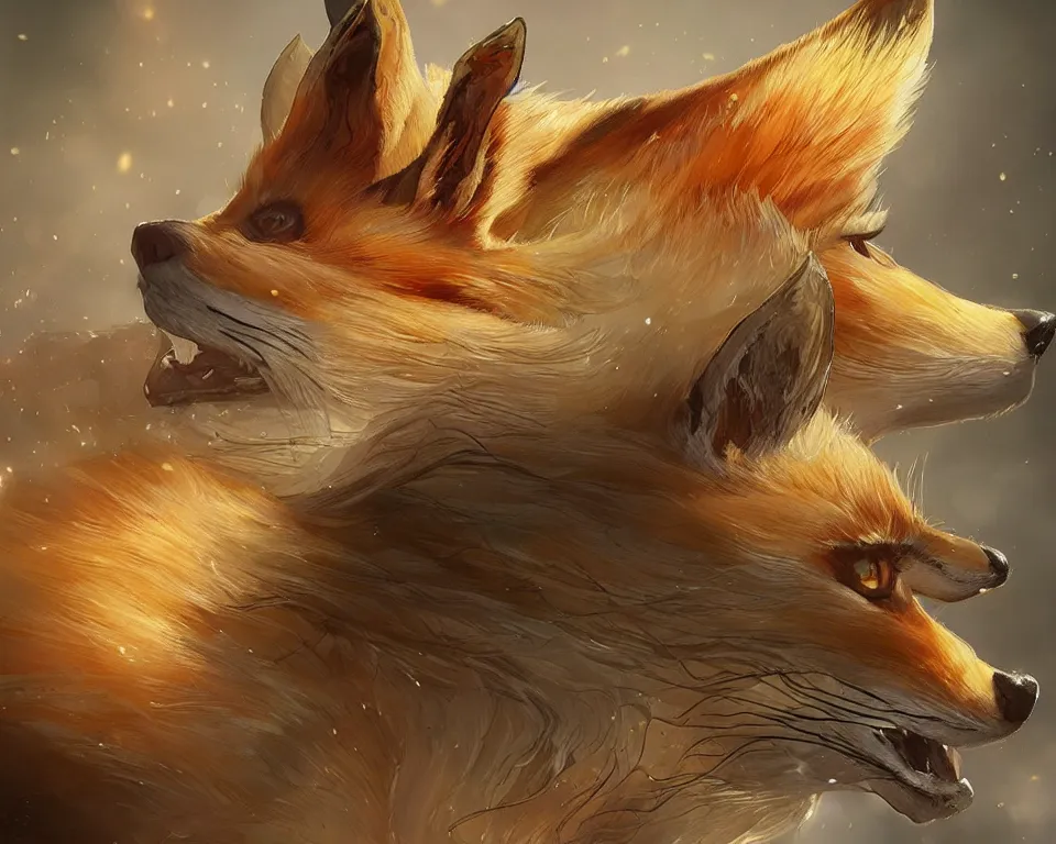 Prompt: three - tailed fox, realistic, canon eos, 4 5 mm bokeh, extremely detailed, detailed fur, unreal engine 5, rtx reflections, concept art by artgerm, greg rutkowski, alphonse mucha