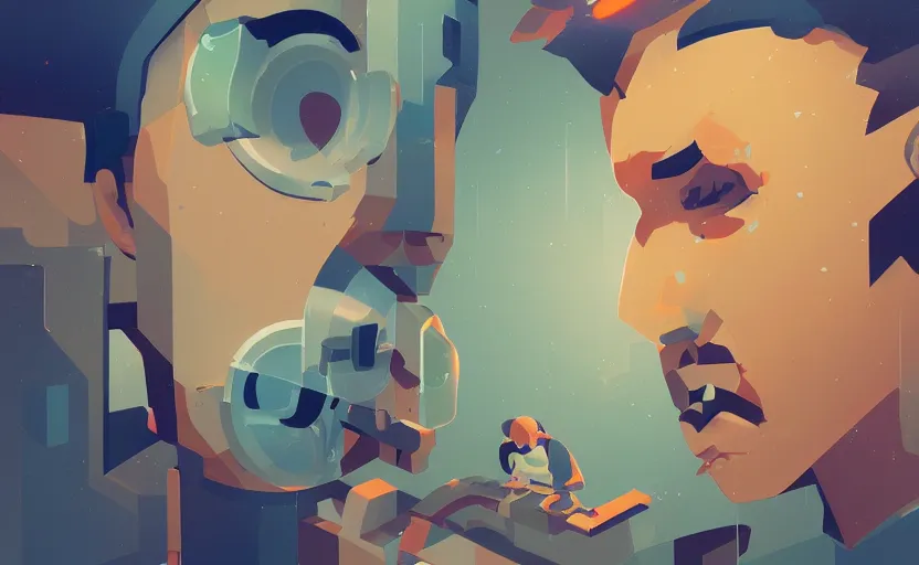 Prompt: close - up of a person thinking, james gilleard, print, game art