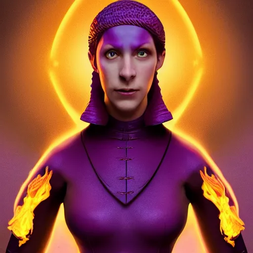 Prompt: A professional digital portrait painting of a young adult female tiefling sorcerer with skin made of fire, dressed in light armor, 4k, digital art, trending on cgsociety, renaissance painting, highly detailed, head and shoulders shot, shallow depth of field, purple and yellow lighting, professional lighting, The Grand Budapest Hotel, airbrush, Hayao Miyazaki