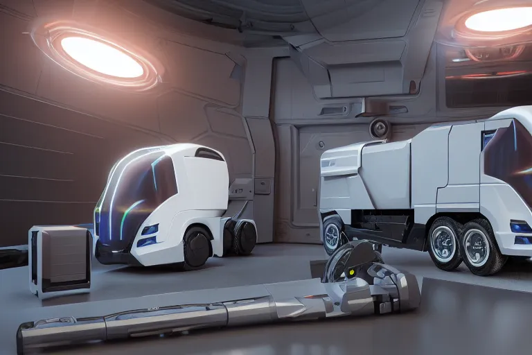 Image similar to still photo of a futuristic remote control truck, highly detailed, photorealistic portrait, bright studio setting, studio lighting, crisp quality and light reflections, unreal engine 5 quality render