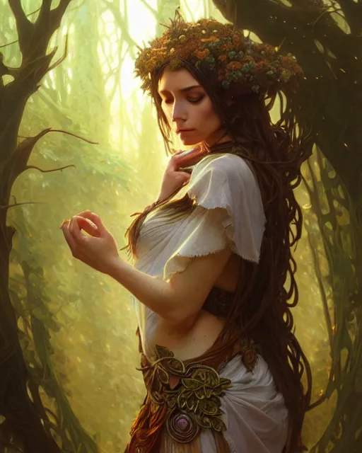 Prompt: beautiful female druid, portrait, fantasy, young, detailed, sketch, intricate, leaves and simple cloth, dynamic lighting, digital art, digital painting, artstation, wlop, sharp focus, illustration, art by artgerm and greg rutkowski and alphonse mucha, 8 k
