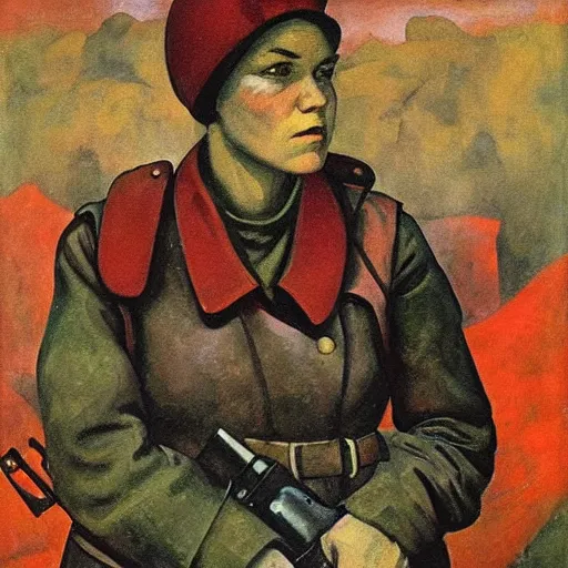 Image similar to soviet painting of female soviet partisan by isaak brodsky, walter womacka, czeslaw znamierowski, vladimir pchelin, kuzma petrov - vodkin, igor berezovsky