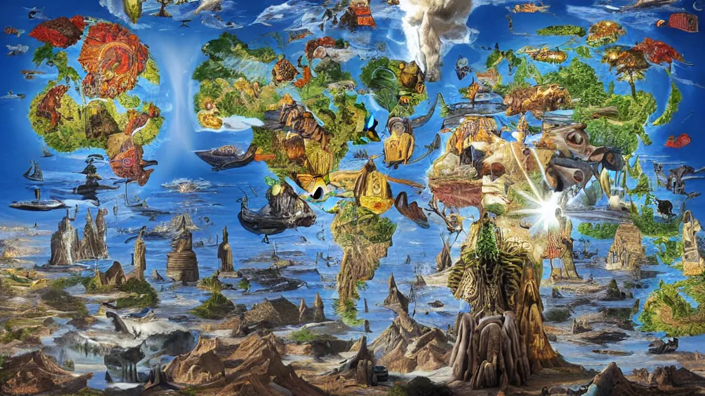 Image similar to surreal map of world cultures in the styles of igor morski, jim warren, and rob gonsalves, intricate, robinson projection, accurate geography, volumetric lighting, serene, imaginative