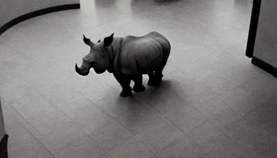 Image similar to a rhinoceros in a public bathroom with yellow tiles floor, mini dv camera found footage, very very low quality picture, heavy grain, heavy jpeg artifact blurry, caught on trail cam