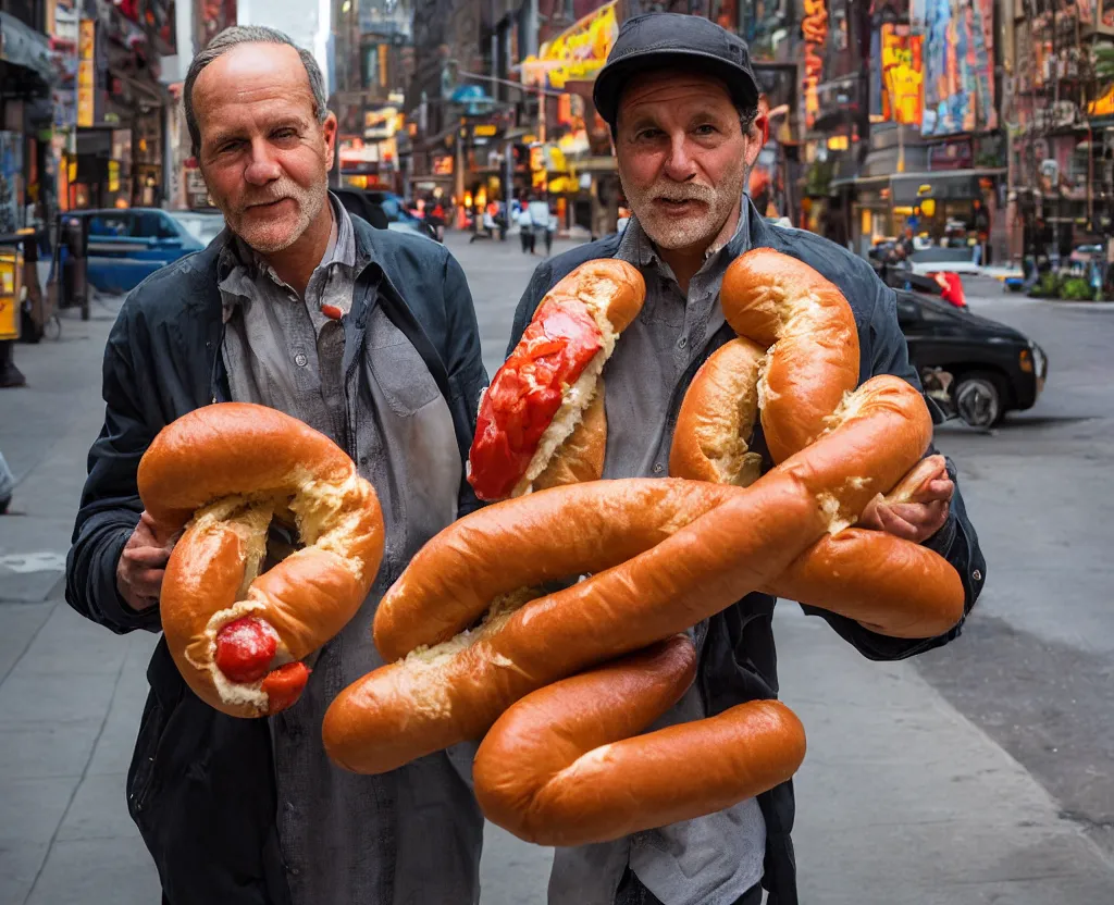 Image similar to closeup portrait of a man carrying a giant hotdog, smoky new york back street, by Annie Leibovitz and Steve McCurry, natural light, detailed face, CANON Eos C300, ƒ1.8, 35mm, 8K, medium-format print