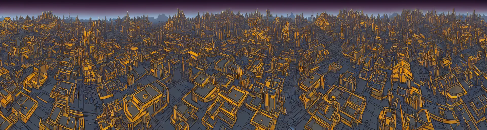 Image similar to a wide landscape shot of a dwarven city with retrofuturist art deco architecture