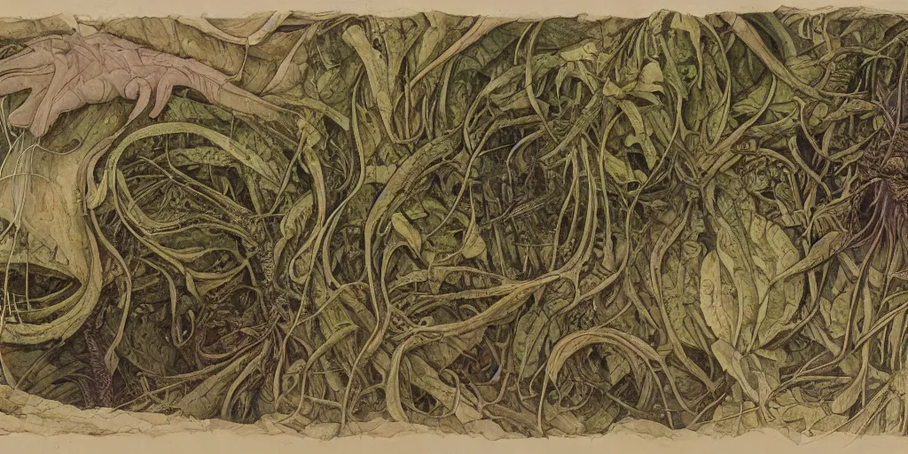 Prompt: high resolution scan of the pages of an old and alien herbarium, by john howe