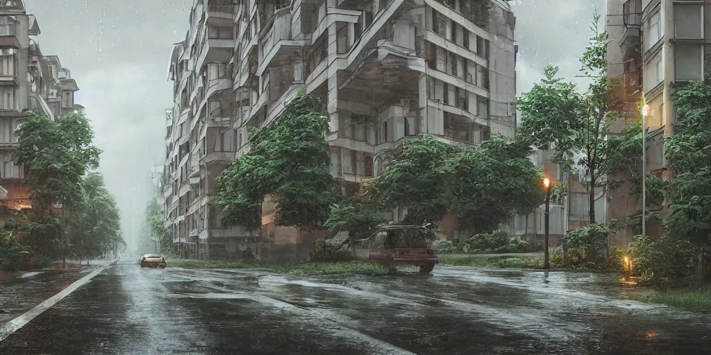 Prompt: A rainy street in a magical Soviet town, mass housing, Soviet five-story panel buildings, lush vegetation in the center, Ilya Kuvshinov, WLOP, Makoto Shinkai. High detail, ultra realistic render, octane, 3D, photorealism, symmetric, cinematic